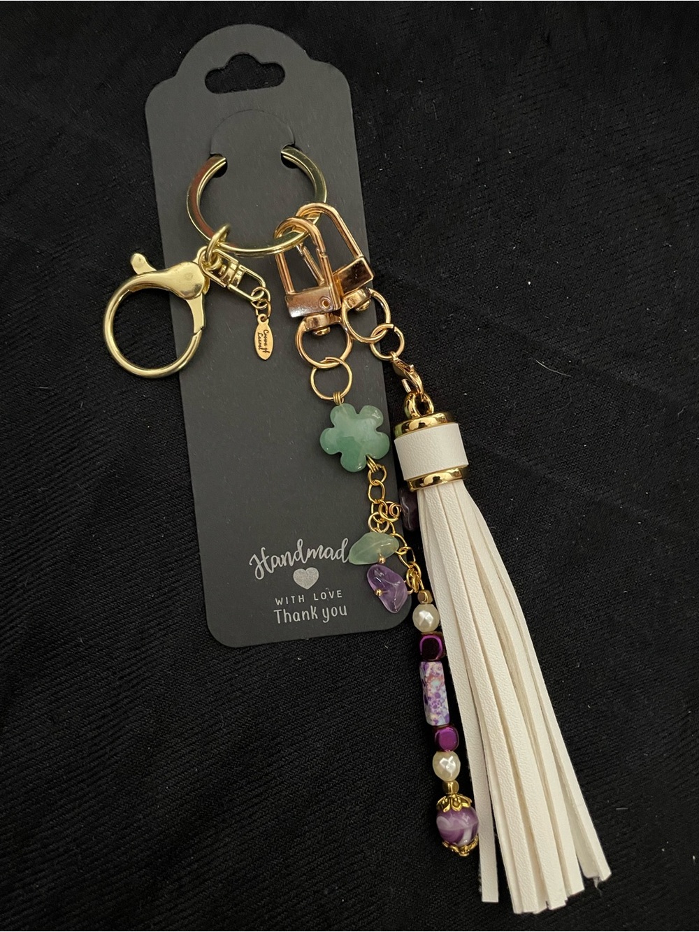 Cream Leather Tassel Keychain with Multicolor Crystal Bead Fringe